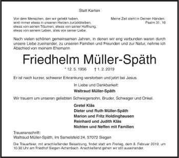 Traueranzeige von Friedhelm Müller-Späth von Siegener Zeitung