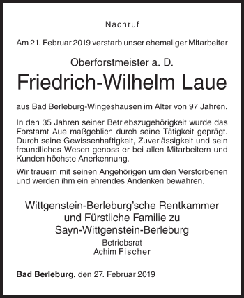 Traueranzeige von Friedrich-Wilhelm Laue von Siegener Zeitung