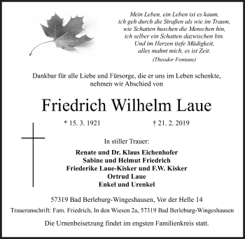 Traueranzeige von Friedrich Wilhelm Laue von Siegener Zeitung