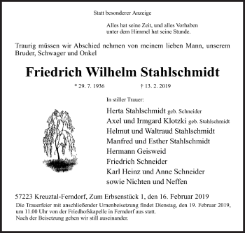 Traueranzeige von Friedrich Wilhelm Stahlschmidt von Siegener Zeitung