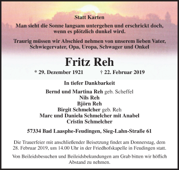 Traueranzeige von Fritz Reh von Siegener Zeitung