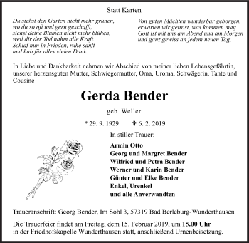 Traueranzeige von Gerda Bender von Siegener Zeitung