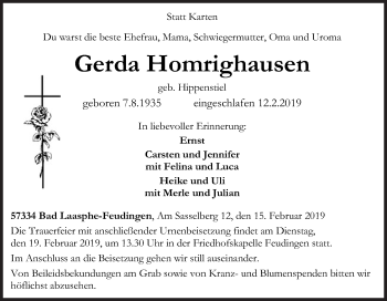 Traueranzeige von Gerda Homrighausen von Siegener Zeitung