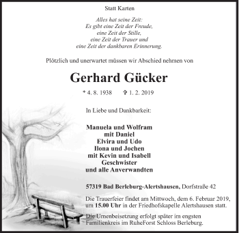 Traueranzeige von Gerhard Gücker von Siegener Zeitung