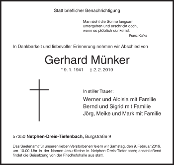 Traueranzeige von Gerhard Münker von Siegener Zeitung