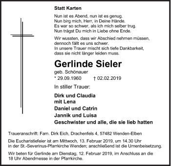 Traueranzeige von Gerlinde Sieler von Siegener Zeitung