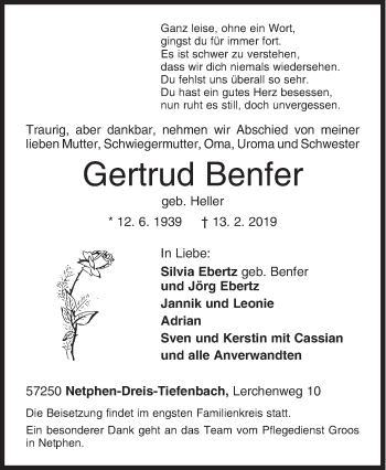 Traueranzeige von Gertrud Benfer von Siegener Zeitung