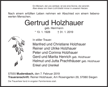 Traueranzeige von Gertrud Holzhauer von Siegener Zeitung
