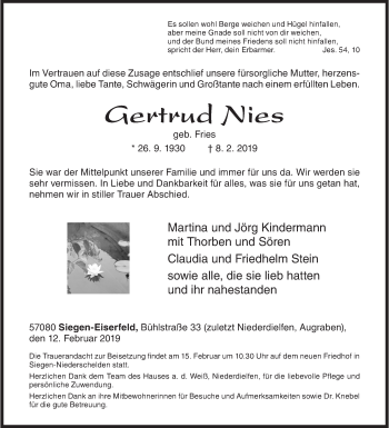 Traueranzeige von Gertrud Nies von Siegener Zeitung