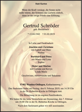 Traueranzeige von Gertrud Schröder von Siegener Zeitung
