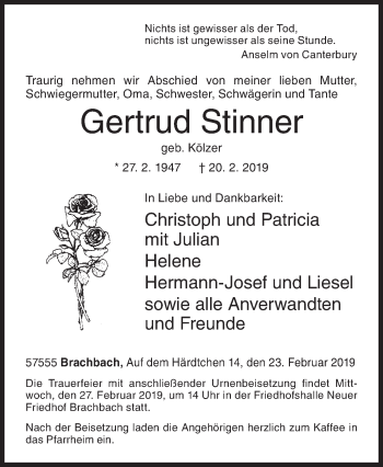 Traueranzeige von Gertrud Stinner von Siegener Zeitung