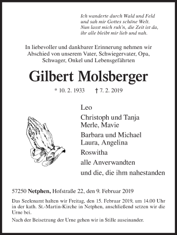 Traueranzeige von Gilbert Molsberger von Siegener Zeitung
