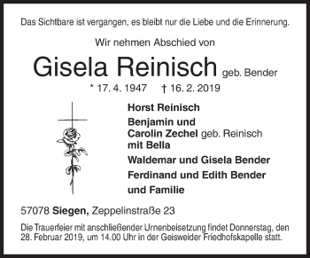 Traueranzeige von Gisela Reinisch von Siegener Zeitung