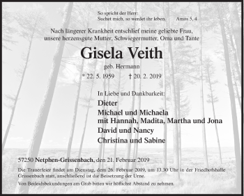 Traueranzeige von Gisela Veith von Siegener Zeitung