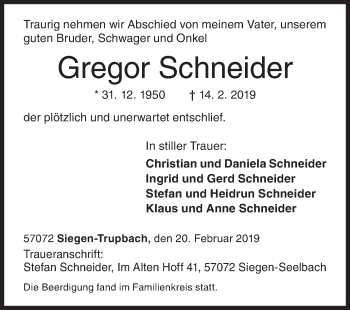 Traueranzeige von Gregor Schneider von Siegener Zeitung