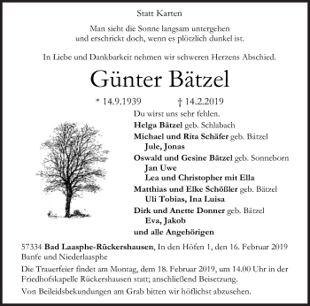 Traueranzeige von Günter Bätzel von Siegener Zeitung