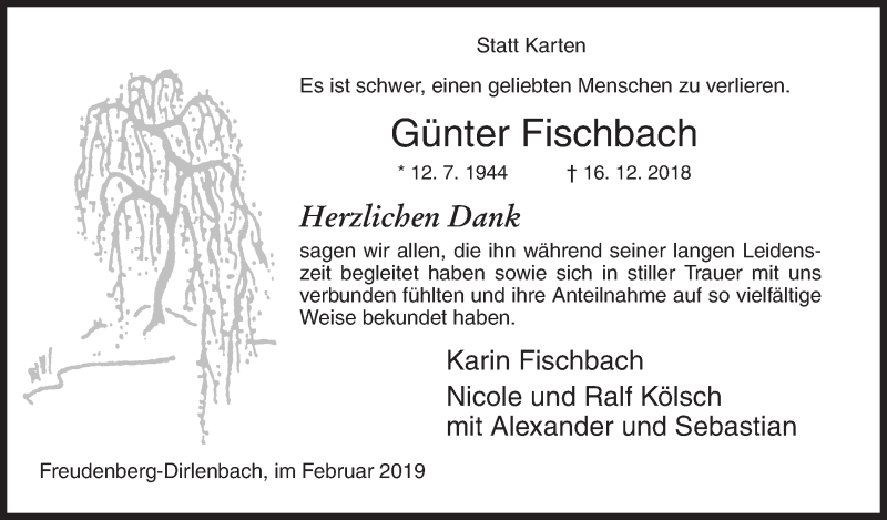  Traueranzeige für Günter Fischbach vom 02.02.2019 aus Siegener Zeitung
