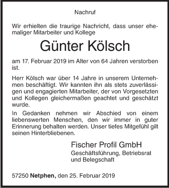 Traueranzeige von Günter Kölsch von Siegener Zeitung