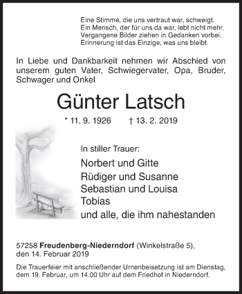 Traueranzeige von Günter Latsch von Siegener Zeitung