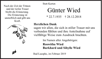 Traueranzeige von Günter Wied von Siegener Zeitung