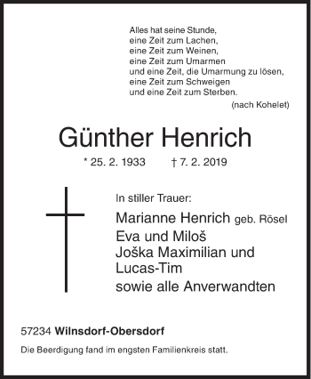 Traueranzeige von Günther Henrich von Siegener Zeitung