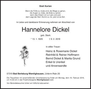 Traueranzeige von Hannelore Dickel von Siegener Zeitung