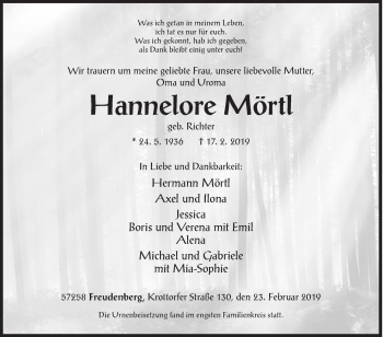 Traueranzeige von Hannelore Mörtl von Siegener Zeitung