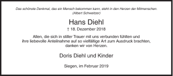 Traueranzeige von Hans Diehl von Siegener Zeitung