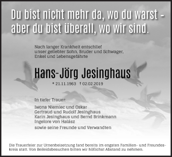 Traueranzeige von Hans-Jörg Jesinghaus von Siegener Zeitung