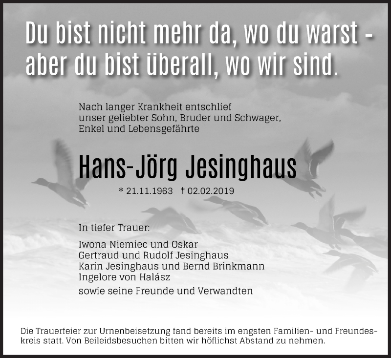  Traueranzeige für Hans-Jörg Jesinghaus vom 12.02.2019 aus Siegener Zeitung