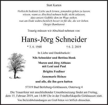 Traueranzeige von Hans-Jörg Schneider von Siegener Zeitung
