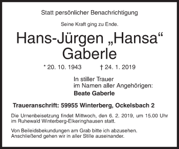 Traueranzeige von Hans-Jürgen Gaberle von Siegener Zeitung