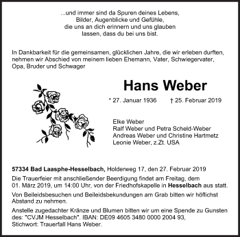 Traueranzeige von Hans Weber von Siegener Zeitung