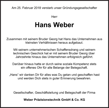 Traueranzeige von Hans Weber von Siegener Zeitung