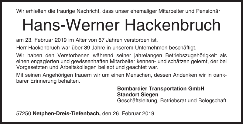  Traueranzeige für Hans-Werner Hackenbruch vom 26.02.2019 aus Siegener Zeitung