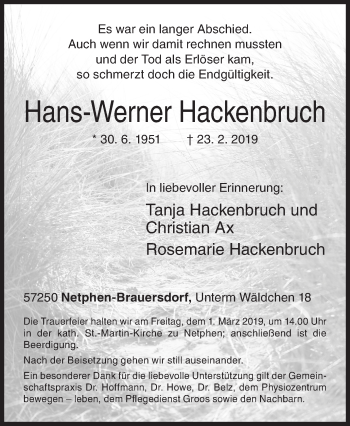 Traueranzeige von Hans-Werner Hackenbruch von Siegener Zeitung