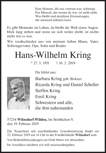 Traueranzeige von Hans-Wilhelm Kring von Siegener Zeitung