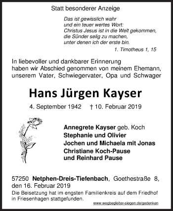 Traueranzeige von Hans Jürgen Kayser von Siegener Zeitung