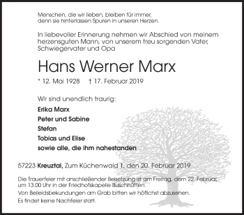 Traueranzeige von Hans Werner Marx von Siegener Zeitung