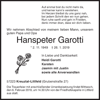 Traueranzeige von Hanspeter Garotti von Siegener Zeitung