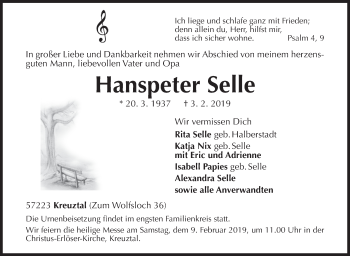 Traueranzeige von Hanspeter Selle von Siegener Zeitung