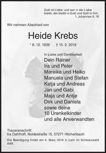 Traueranzeige von Heide Krebs von Siegener Zeitung