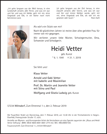Traueranzeige von Heidi Vetter von Siegener Zeitung