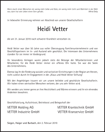 Traueranzeige von Heidi Vetter von Siegener Zeitung