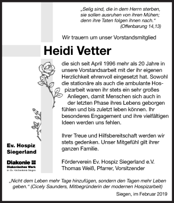 Traueranzeige von Heidi Vetter von Siegener Zeitung
