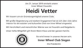 Traueranzeige von Heidi Vetter von Siegener Zeitung