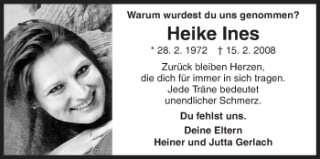 Traueranzeige von Heike Ines Gerlach von Siegener Zeitung