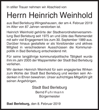 Traueranzeige von Heinrich Weinhold von Siegener Zeitung