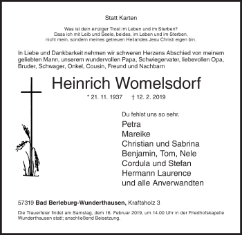 Traueranzeige von Heinrich Womelsdorf von Siegener Zeitung