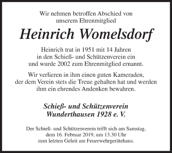 Traueranzeige von Heinrich Womelsdorf von Siegener Zeitung